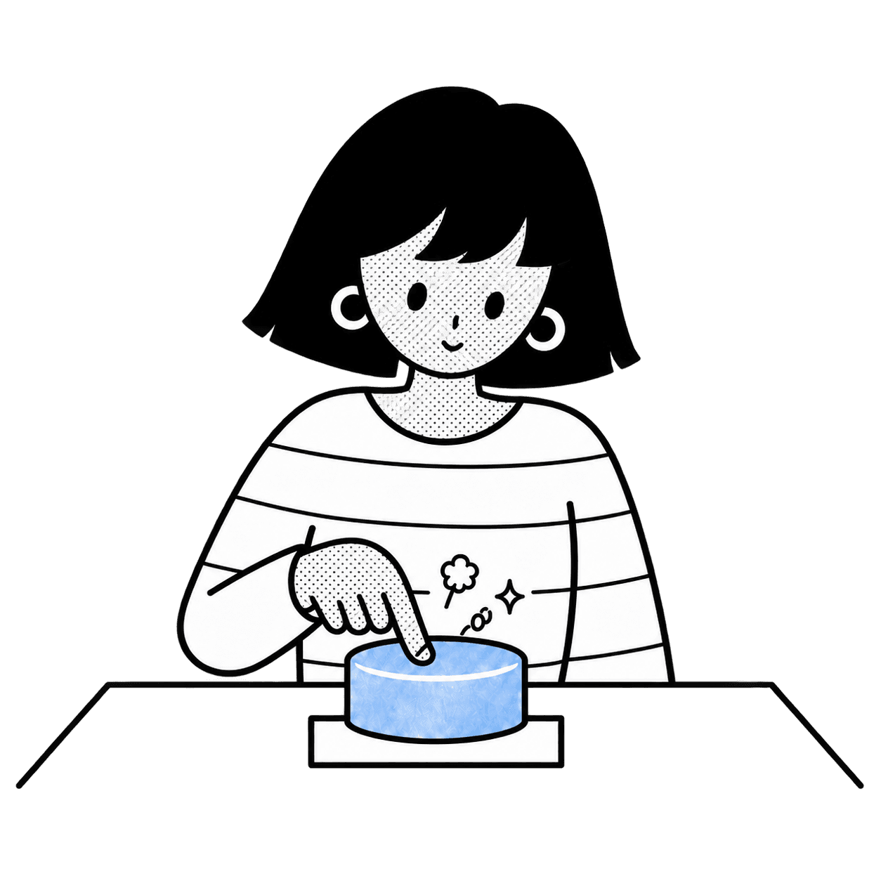 Девушка с улыбкой нажимает большую синюю кнопку, над которой появляются нарисованные от руки искры.